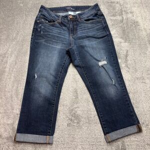 Time and Tru Womens Size 8 Mid-Rise Capri Jeans Dark Wash Distressed TTL29819DD